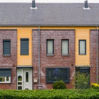 Two terraced houses decorated with diverse plants, modern dutch architecture, village homes in the Netherlands