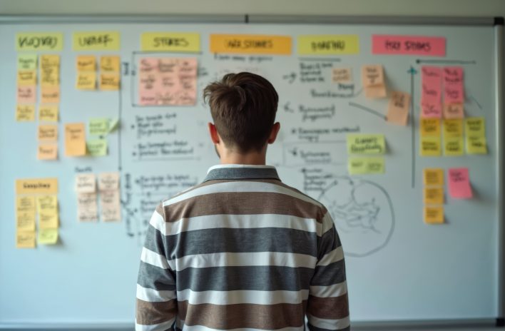 Man looking at whiteboard with Agile user stories. Team uses sticky notes, scrum planning board, during sprint planning meeting. Project management, collaboration, teamwork and business strategy.