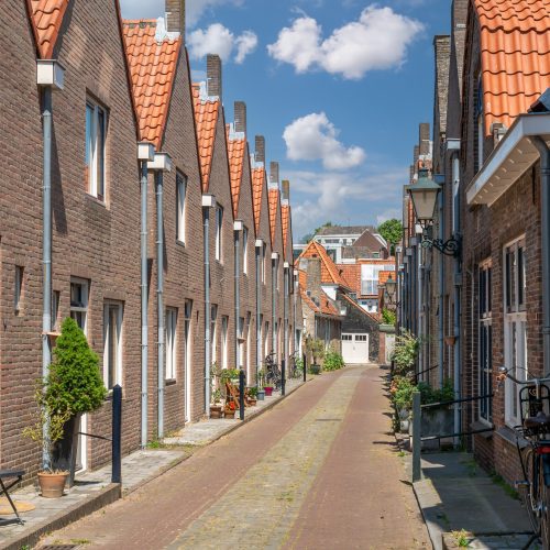 Streetscene with terraced houses in Zierikzee, Schouwen Duiveland, Zeeland, Netherlands