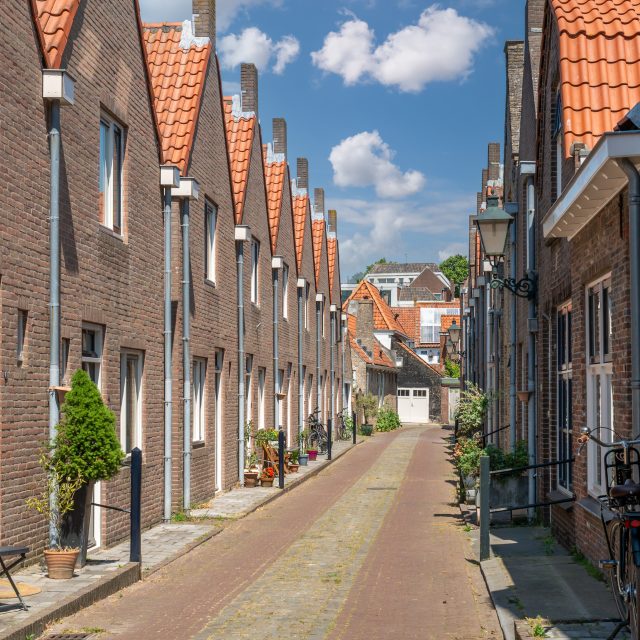 Streetscene with terraced houses in Zierikzee, Schouwen Duiveland, Zeeland, Netherlands