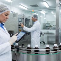 Pharmaceutical manufacturing professionals working on production line with tablet and machinery