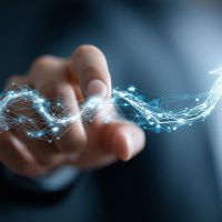 Hand guiding glowing digital arrow swirl toward upward direction, symbolizing change management transformation and strategic leadership in organizational shift.